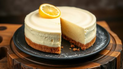 Delicious lemon cheesecake on a wooden serving platter with a slice cut out, served in a cozy setting