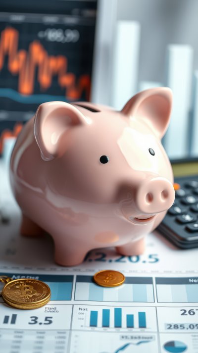 Savings strategy presented with a piggy bank next to a calculator and cryptocurrency