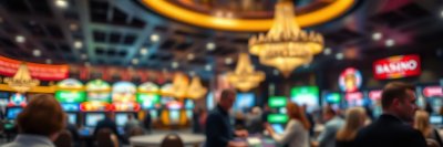 Exciting atmosphere in a bustling casino filled with vibrant slot machines and elegant chandeliers during evening hours