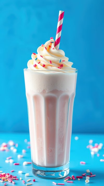 Creamy milkshake topped with whipped cream and colorful sprinkles served in a tall glass against a bright blue background