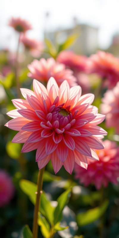 Vibrant pink dahlia blooms in a sunny garden during the peak of summer season