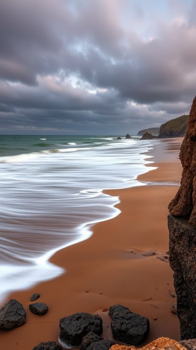 A long exposure of the ocean waves crashing on the shore of a beach in Portugal