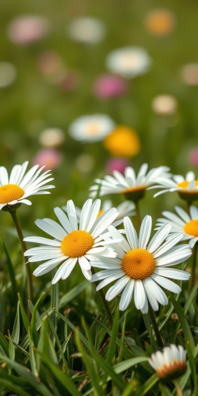 Beautiful close-up of white daisies blooming in a vibrant spring meadow filled with colorful wildflowers