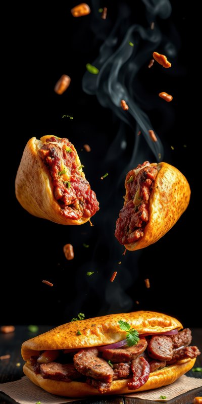 Juicy savory hot dog bursting with flavor and toppings in a dramatic suspension