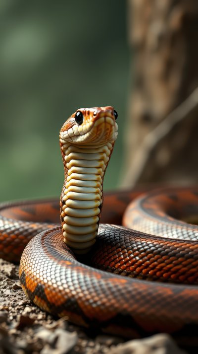 Colorful snake with intricate patterns perched on a rock near vegetation in a natural habitat
