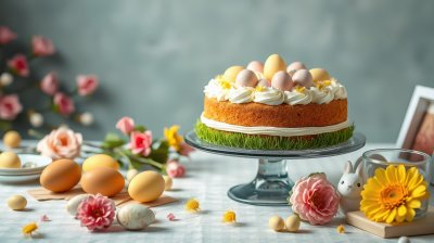 Colorful spring cake with decorative eggs and flowers on a festive table setting