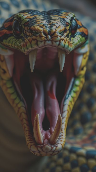 C o l o r f u l   s n a k e   o p e n s   m o u t h   w i d e ,   s h o w c a s i n g   f a n g s   a n d   v i v i d   p a t t e r n s   i n   a   c l o s e - u p   d i s p l a y   o f   n a t u r e ' s   b e a u t y
