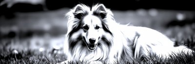 A   l o n g - h a i r e d   s a b l e   C o l l i e ,   w i t h   a   f l u f f y   w h i t e   c h e s t   a n d   r u f f ,   r e s t s   c o n t e n t e d l y   i n   t a l l   g r a s s