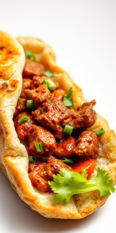 Savory meat filling in a warm flatbread garnished with fresh herbs and vegetables served on a white background