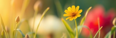 Bright yellow flower stands out among greenery and soft blooms during a sunny afternoon in springtime