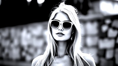 A   w o m a n   w i t h   l o n g   b l o n d e   h a i r   w e a r s   y e l l o w   s u n g l a s s e s   w h i l e   s t a n d i n g   i n   f r o n t   o f   a   b l u e   b r i c k   w a l l