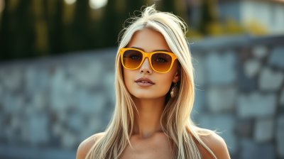 A woman with long blonde hair wears yellow sunglasses while standing in front of a blue brick wall