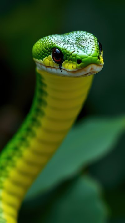 Green tree snake poised among foliage in a lush tropical environment