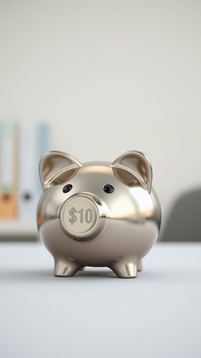 Piggy bank representing $10 on a table in a modern workspace
