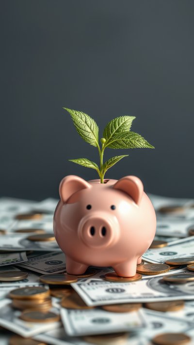 Creative representation of financial growth with a piggy bank sprouting a plant on a bed of cash