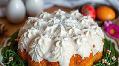 Festive cake decorated with cream frosting and colorful eggs for celebration