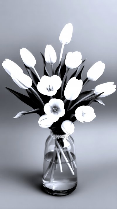 A   b o u q u e t   o f   w h i t e   t u l i p s   s i t s   i n   a   g l a s s   v a s e   a g a i n s t   a   g r e e n   b a c k g r o u n d