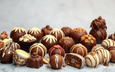 A variety of chocolate truffles are displayed on a light gray surface