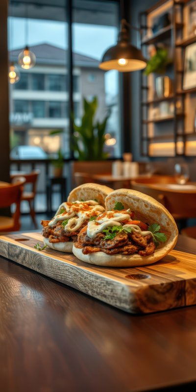 Delicious sandwiches served on a wooden platter in a cozy cafe setting with modern decor