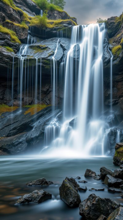 A majestic waterfall cascades down moss-covered rocks, creating a serene and picturesque scene
