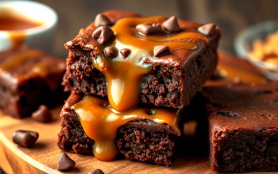 A   s t a c k   o f   c h o c o l a t e   b r o w n i e s   d r i z z l e d   w i t h   c a r a m e l   s a u c e   a n d   t o p p e d   w i t h   c h o c o l a t e   c h i p s