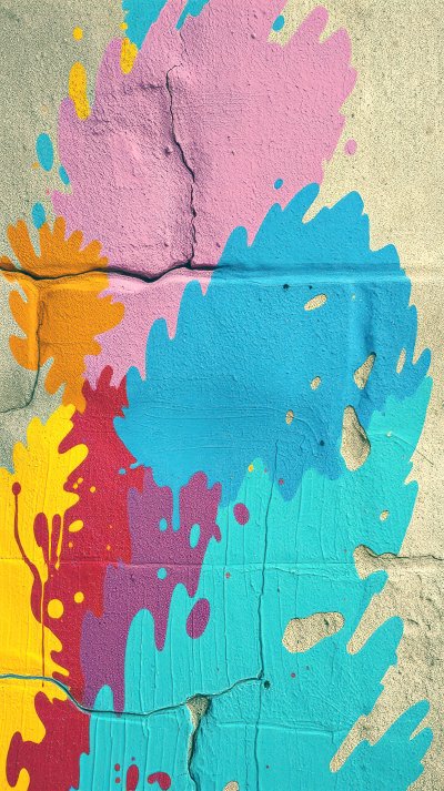 C o l o r f u l   p a i n t   s p l a s h e s   d e c o r a t e   a   c o n c r e t e   w a l l   i n   a n   u r b a n   a r e a   d u r i n g   d a y t i m e   h o u r s