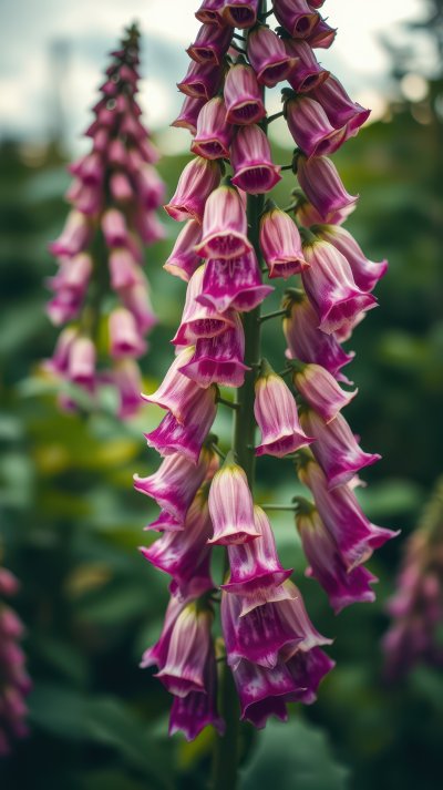 Pink foxgloves bloom in a lush garden, their delicate bells drooping gracefully