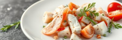 A close-up of a fresh salad with white fish, tomatoes, and herbs on a white plate