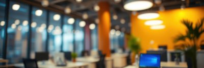 Modern office workspace with large windows and bright lighting at midday