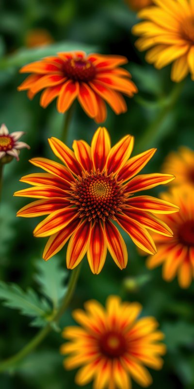 Vibrant orange and yellow flowers bloom in a lush garden during summer, showcasing nature's beauty and color