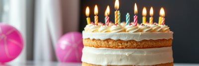 Celebrating a birthday with a beautifully decorated cake featuring candles and festive balloons in a cozy indoor setting