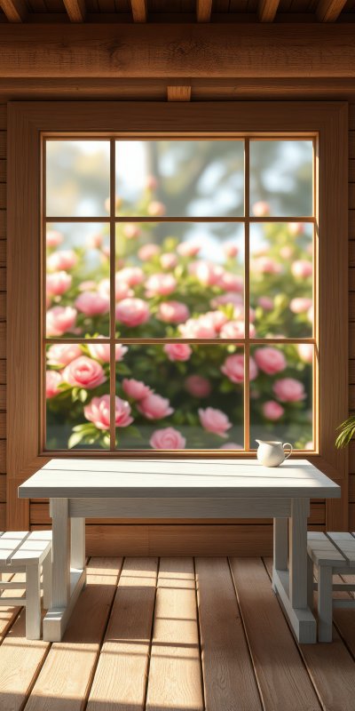 Bright sunlight filters through a wooden window, revealing a cozy table and adjoining garden filled with pink roses