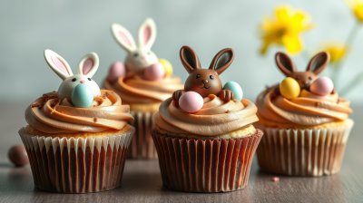 Festive cupcakes decorated with bunny toppers and pastel eggs for spring celebration