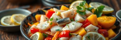 A close-up of a colorful salad with diced fish, red and yellow peppers, and lemon slices