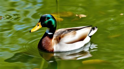 Mallard duck swimming peacefully in a serene pond surrounded by green foliage on a sunny day