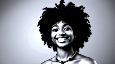 A   w o m a n   w i t h   c u r l y   h a i r   s m i l e s   b r i g h t l y   i n   f r o n t   o f   a   g r e e n   b a c k g r o u n d