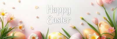 Colorful Easter eggs surrounded by flowers and a festive greeting in a charming spring setting