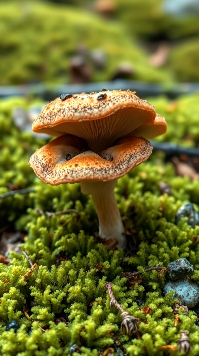 A   d e l i c a t e   m u s h r o o m   g r o w s   a m i d s t   v i b r a n t   g r e e n   m o s s   d u r i n g   a n   a u t u m n   a f t e r n o o n