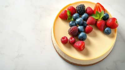 Creamy cheesecake topped with fresh berries on a marble countertop during daytime