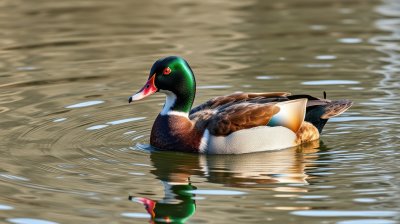 Colorful duck swimming gracefully in a serene pond during the golden hour of late afternoon