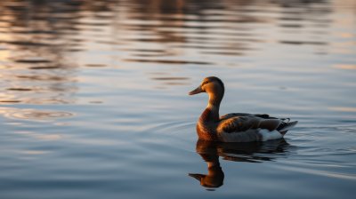 Duck swims peacefully on a calm lake during sunset reflecting warm colors of golden hour