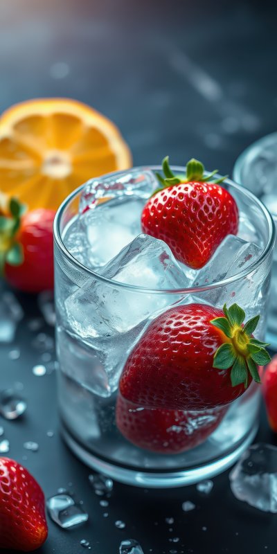 Refreshing summer drink with strawberries and ice on a dark countertop