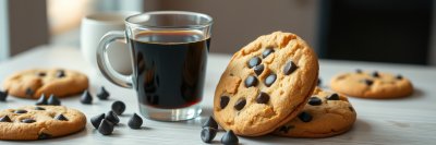 Delicious chocolate chip cookies served with a warm cup of coffee for a cozy afternoon snack