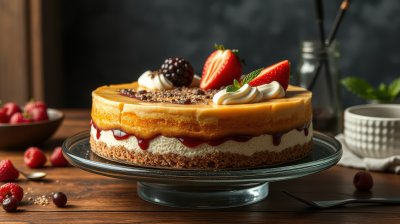 Decadent cheesecake topped with fresh berries served on a wooden table in a cozy setting
