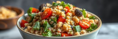 Colorful quinoa salad with cherry tomatoes and blackberries served in a bowl