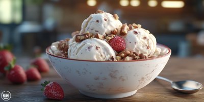 A Bowl Of Ice Cream With Nuts And A Spoon On A Wooden Table The Bowl Is Filled With Three Scoops Of Ice Cream And A Few 1737755285 Gigapixel Standard 6x