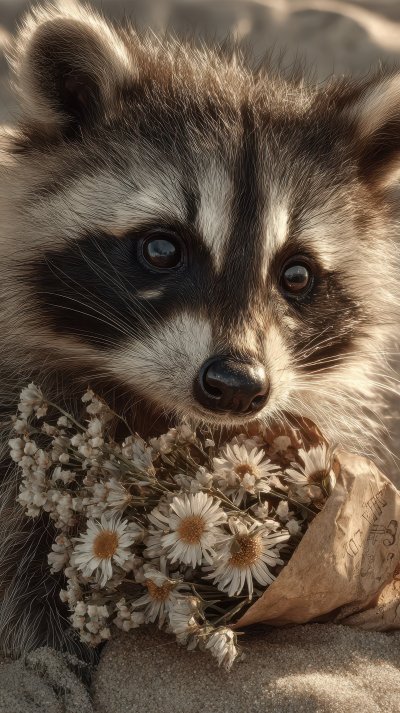 A Cute Raccoon Holding A Bouquet Of Flowers. Cute E2de35f2 C6e6 4241 9a81 D6ce5d877633 0 Gigapixel Standard 6x