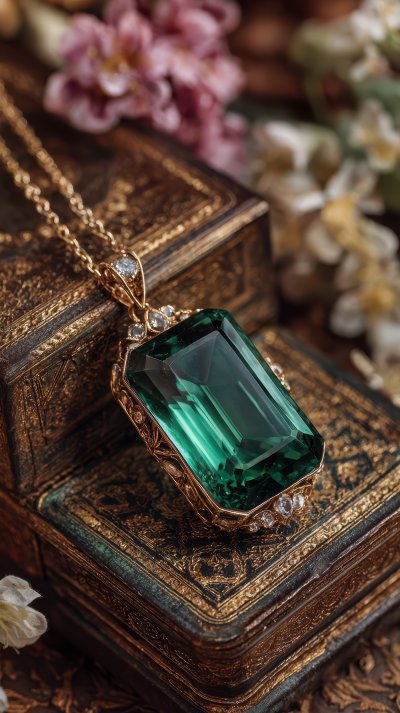 A Stunning Emerald Pendant Necklace Rests In An A 07989a5e Fbf0 4dea 9f0d B5cf75747bbf 3 Gigapixel Standard 6x