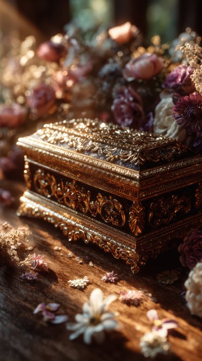 An Ornate Golden Jewelry Box Sits On A Wooden Sur D0c1210c 457d 4401 8a3b 6119844efaa1 1 Gigapixel Standard 6x