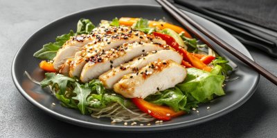 Asian Salad With Glass Noodles Chicken And Vegetables Carrots Bell Peppers And Sesame Seeds On A Gray Plate With Chopsti 1736241225 Gigapixel Standard 6x